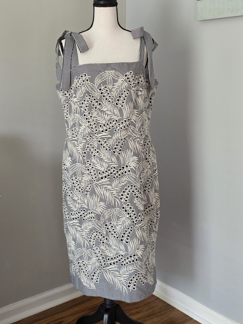 Maggy London Navy and White Eyelet Tie-Shoulder Midi Dress